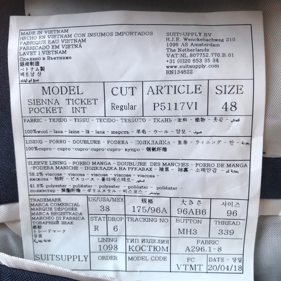 Suitsupply blazer dark blue Sz 38 mens Sienna Ticket Pocket Inc Wool 130’S - Picture 9 of 9